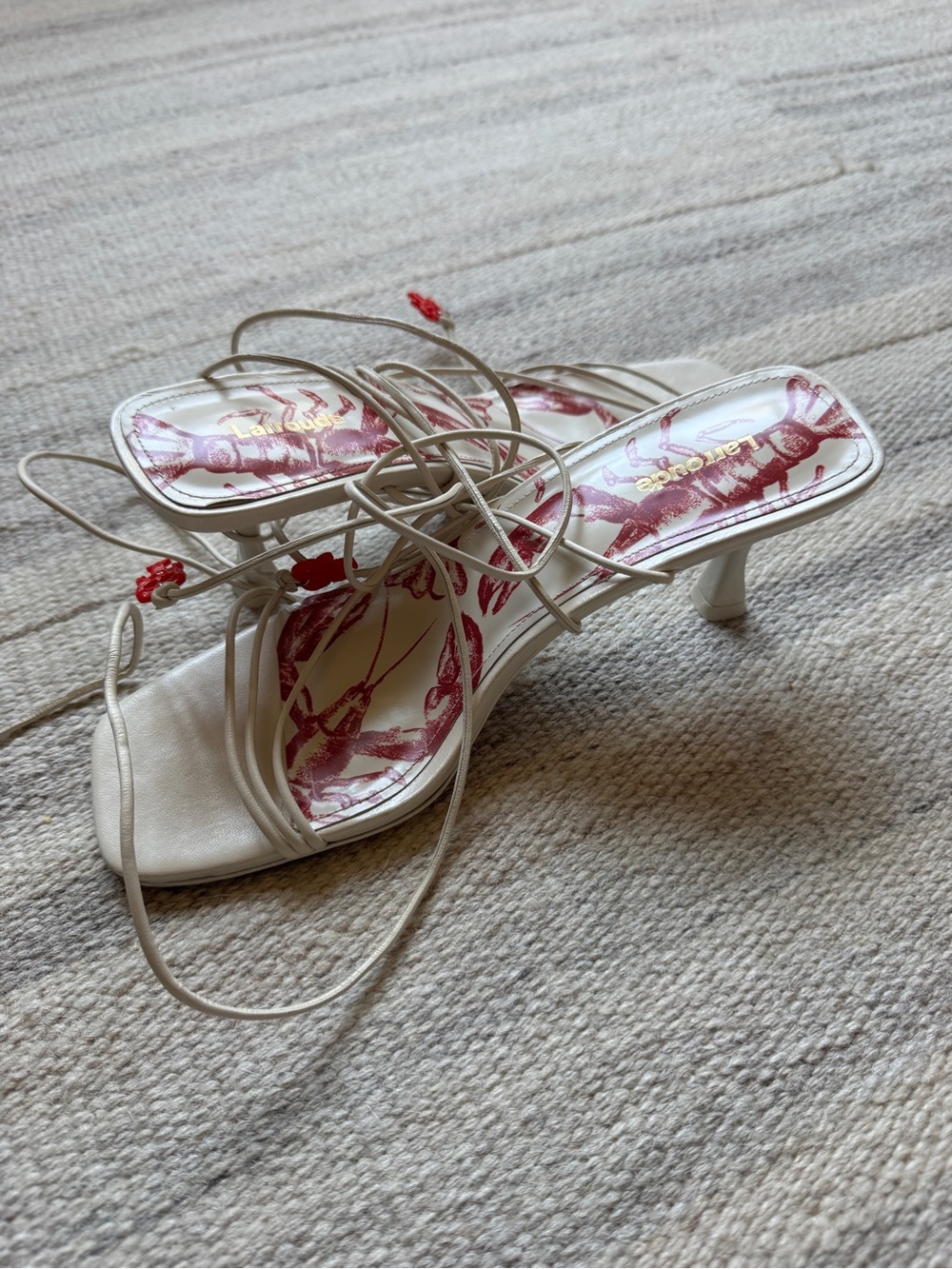 Lace-Up White Sandals with Red Lobster Print - Picture 3 of 3
